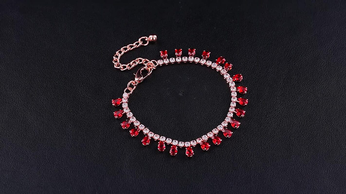 Red Austrian Crystal and Simulated Diamond Bracelet in Rosetone (7.5-9.5In)