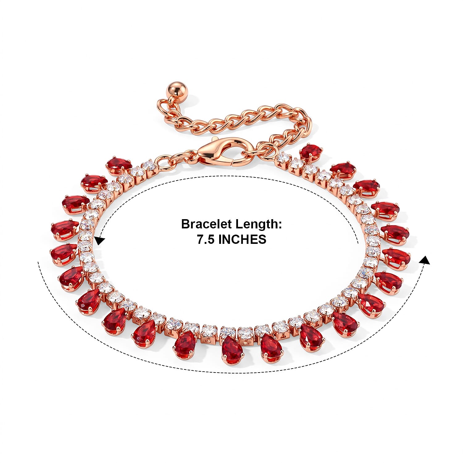 Red Austrian Crystal and Simulated Diamond Bracelet in Rosetone (7.5-9.5In)