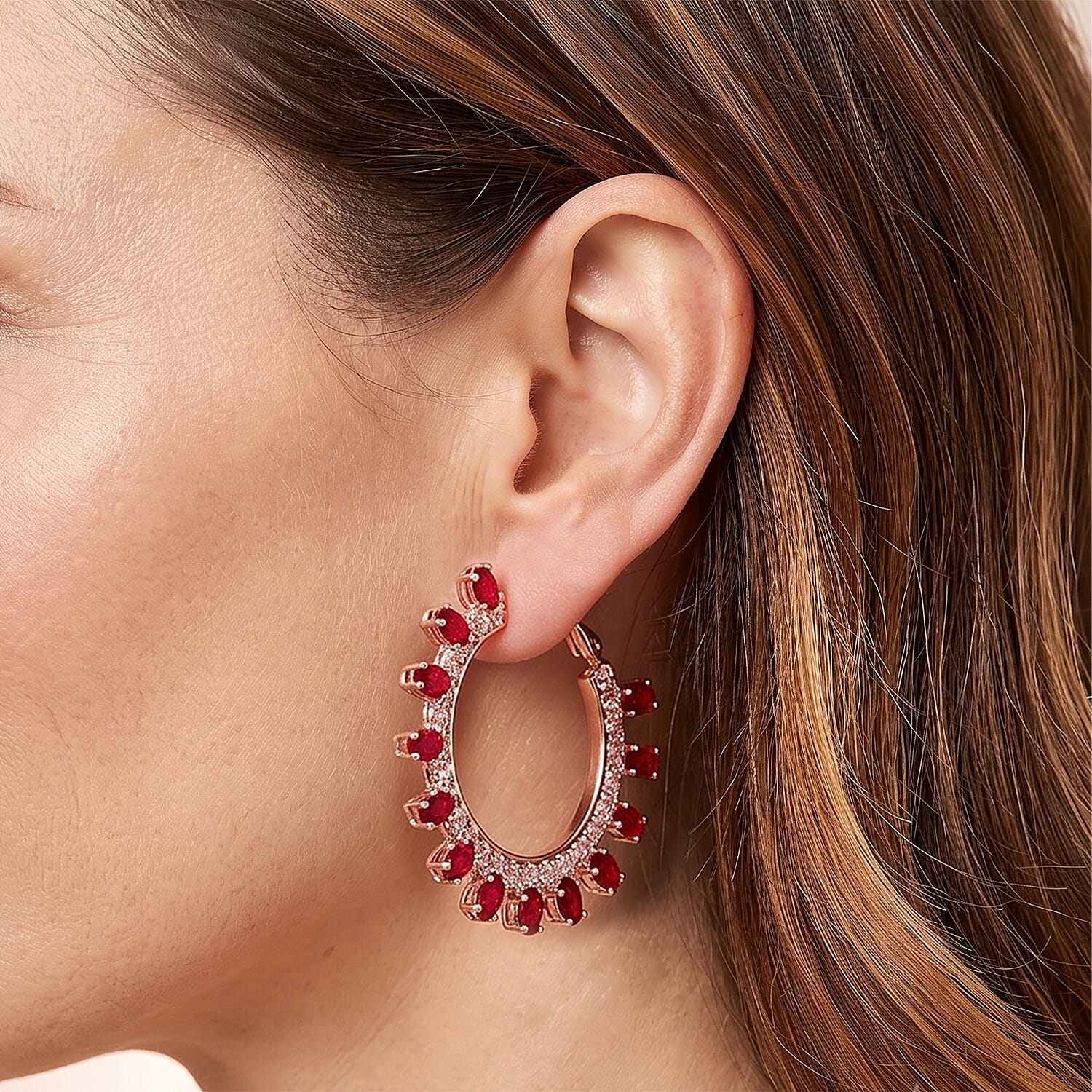 Red Austrian Crystal and Simulated Diamond Hoop Earrings in Rosetone