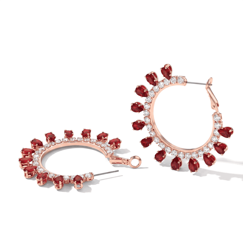 Red Austrian Crystal and Simulated Diamond Hoop Earrings in Rosetone