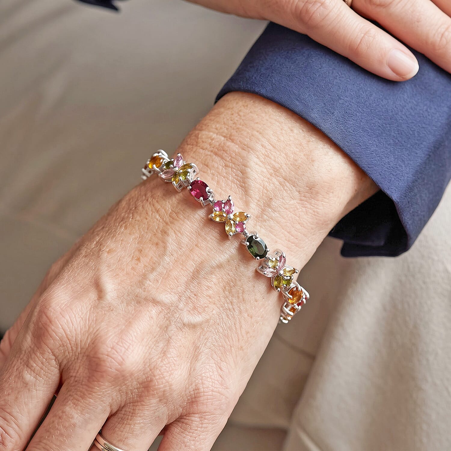 D'Joy Premium Multi-Tourmaline 9.25 ctw Bracelet in Rhodium Over Sterling Silver (7.25 In)