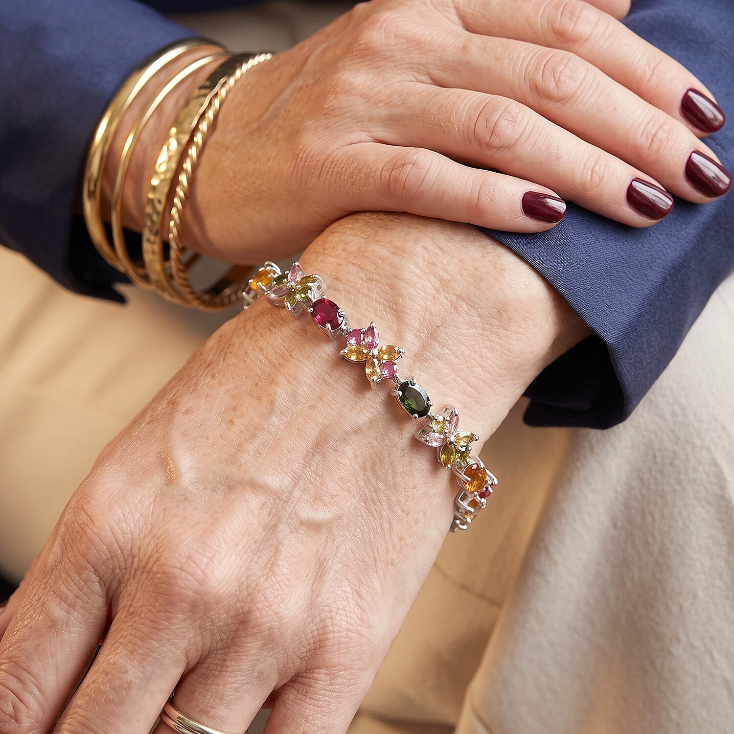 D'Joy Premium Multi-Tourmaline 9.25 ctw Bracelet in Rhodium Over Sterling Silver (7.25 In)