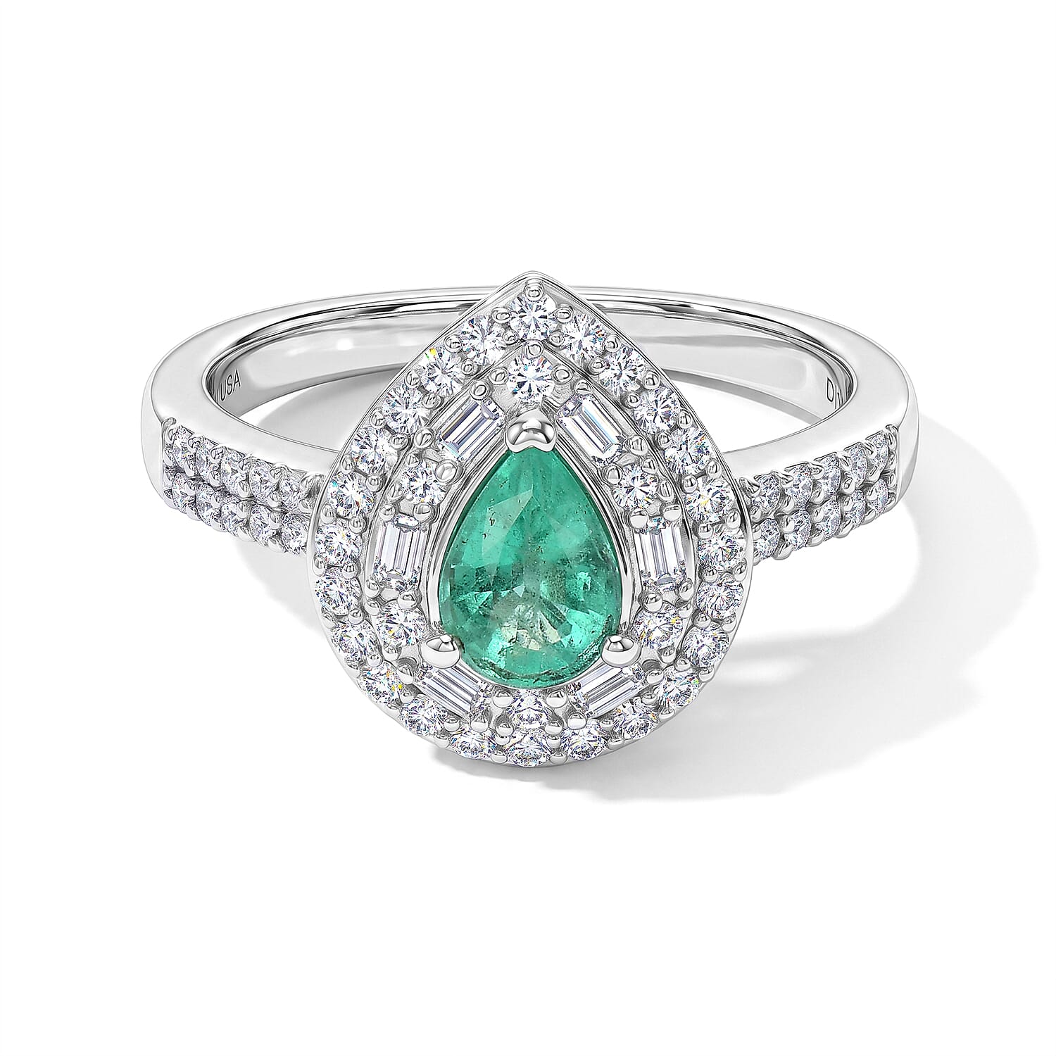 D'Joy AAA Boyaca Colombian Emerald and Moissanite 1.00 ctw Teardrop Majesty Ring in Rhodium Over Sterling Silver (Size 6.0)