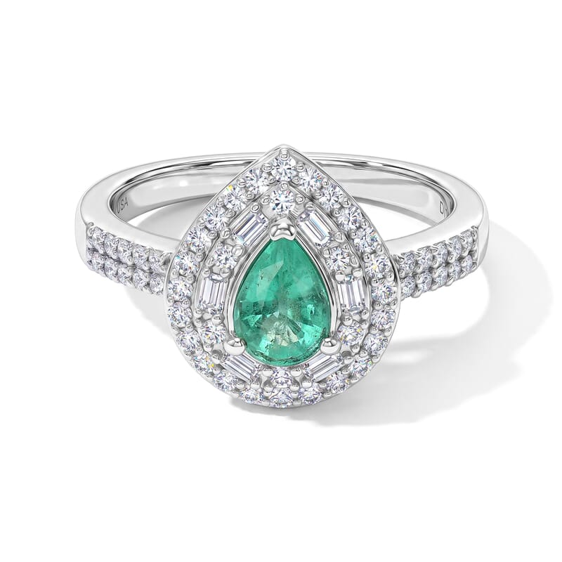 D'Joy AAA Boyaca Colombian Emerald and Moissanite 1.00 ctw Teardrop Majesty Ring in Rhodium Over Sterling Silver (Size 6.0)