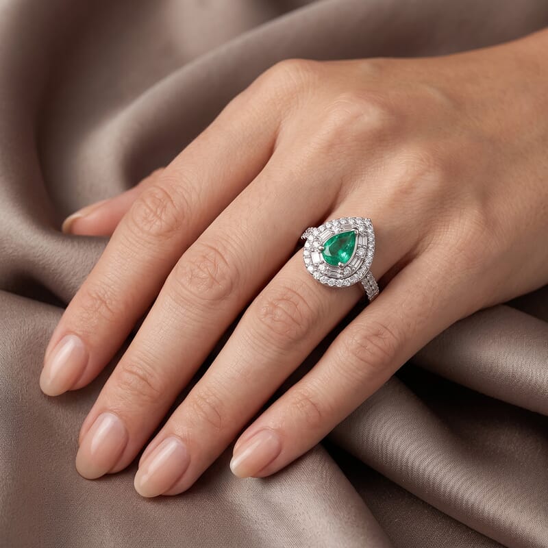 D'Joy AAA Boyaca Colombian Emerald and Moissanite 1.00 ctw Teardrop Majesty Ring in Rhodium Over Sterling Silver (Size 6.0)