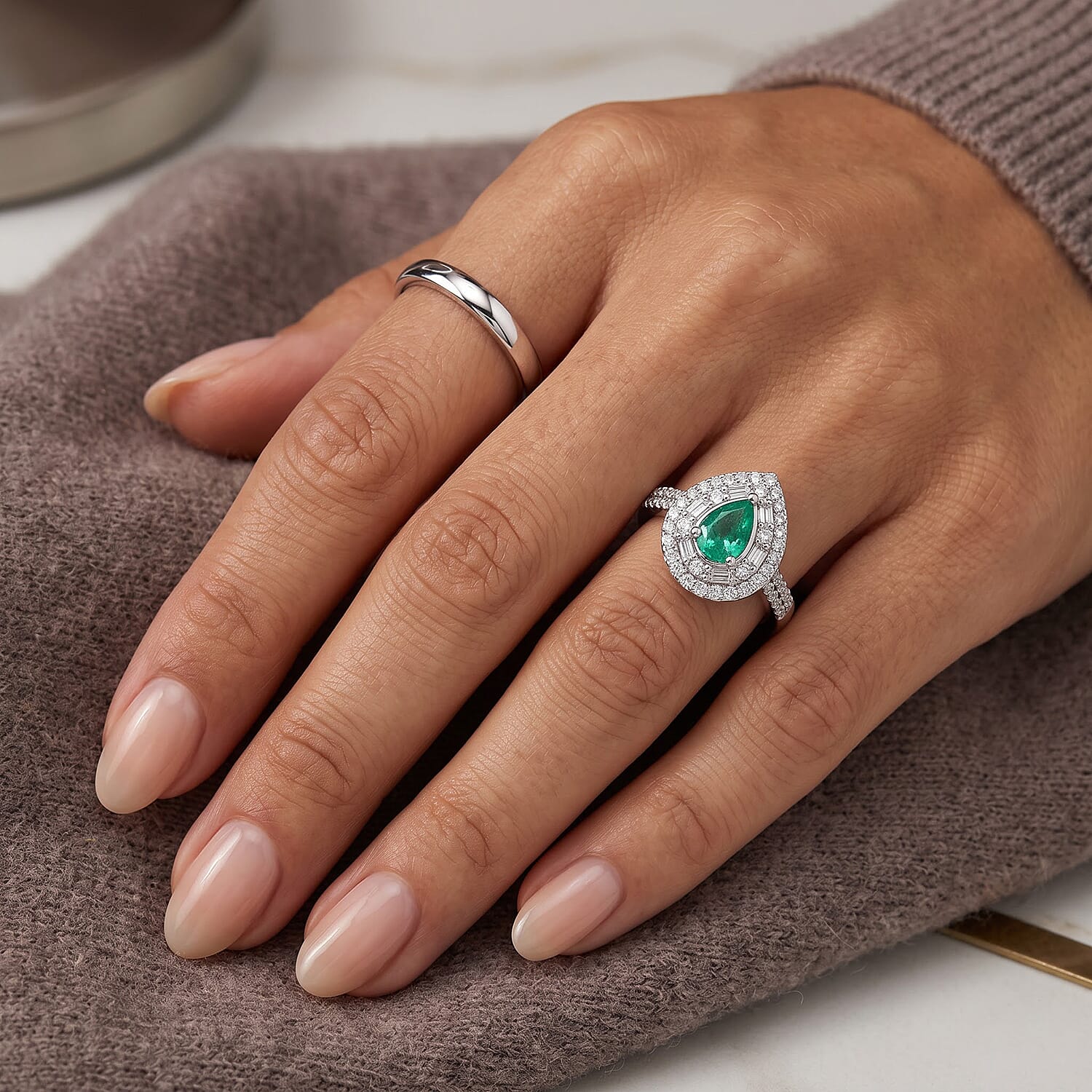 D'Joy AAA Boyaca Colombian Emerald and Moissanite 1.00 ctw Teardrop Majesty Ring in Rhodium Over Sterling Silver (Size 6.0)