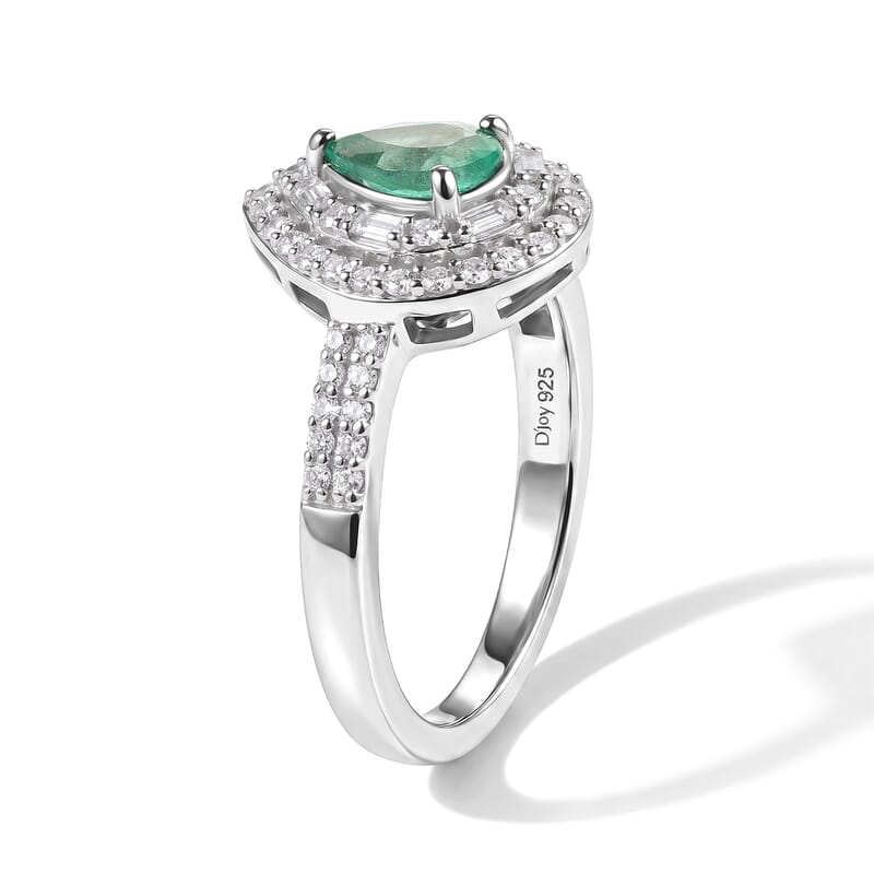 D'Joy AAA Boyaca Colombian Emerald and Moissanite 1.00 ctw Teardrop Majesty Ring in Rhodium Over Sterling Silver (Size 6.0)