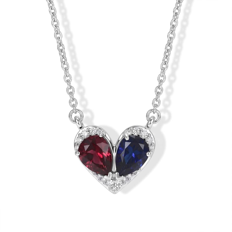 D'Joy Orissa Rhodolite Garnet and Catalina Iolite, Moissanite 2.40 ctw Heart Necklace (18 Inches) in Rhodium Over Sterling Silver