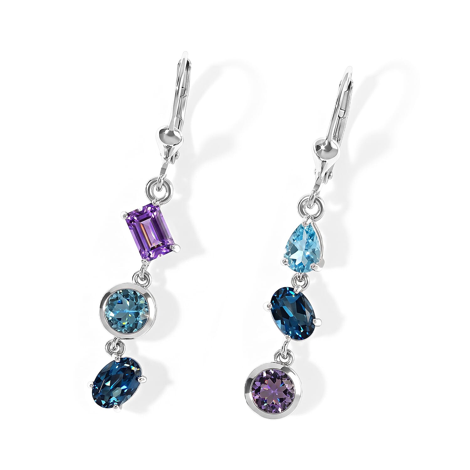 D'Joy Premium Rose De France Amethyst and Multi Gemstone 3.50 ctw Earrings in Rhodium Over Sterling Silver