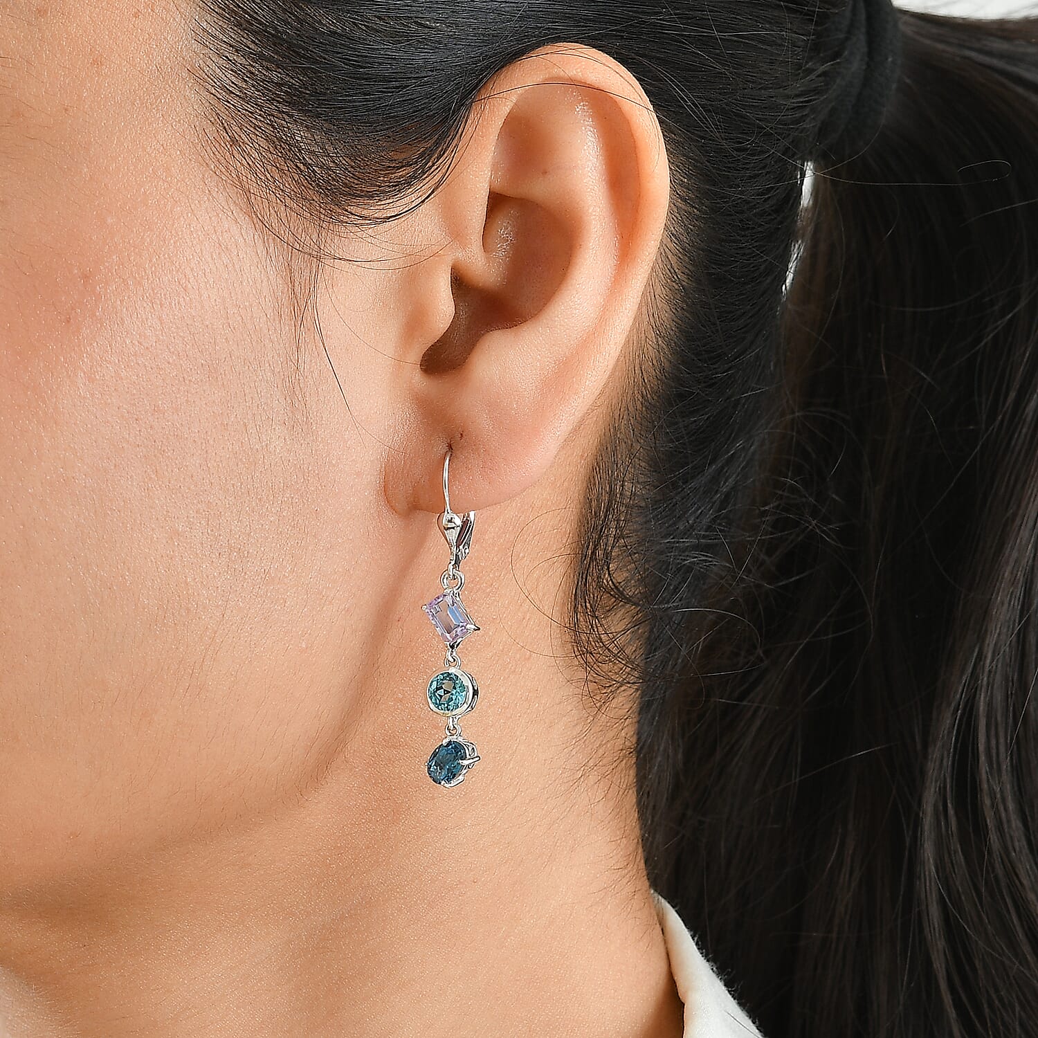 D'Joy Premium Rose De France Amethyst and Multi Gemstone 3.50 ctw Earrings in Rhodium Over Sterling Silver
