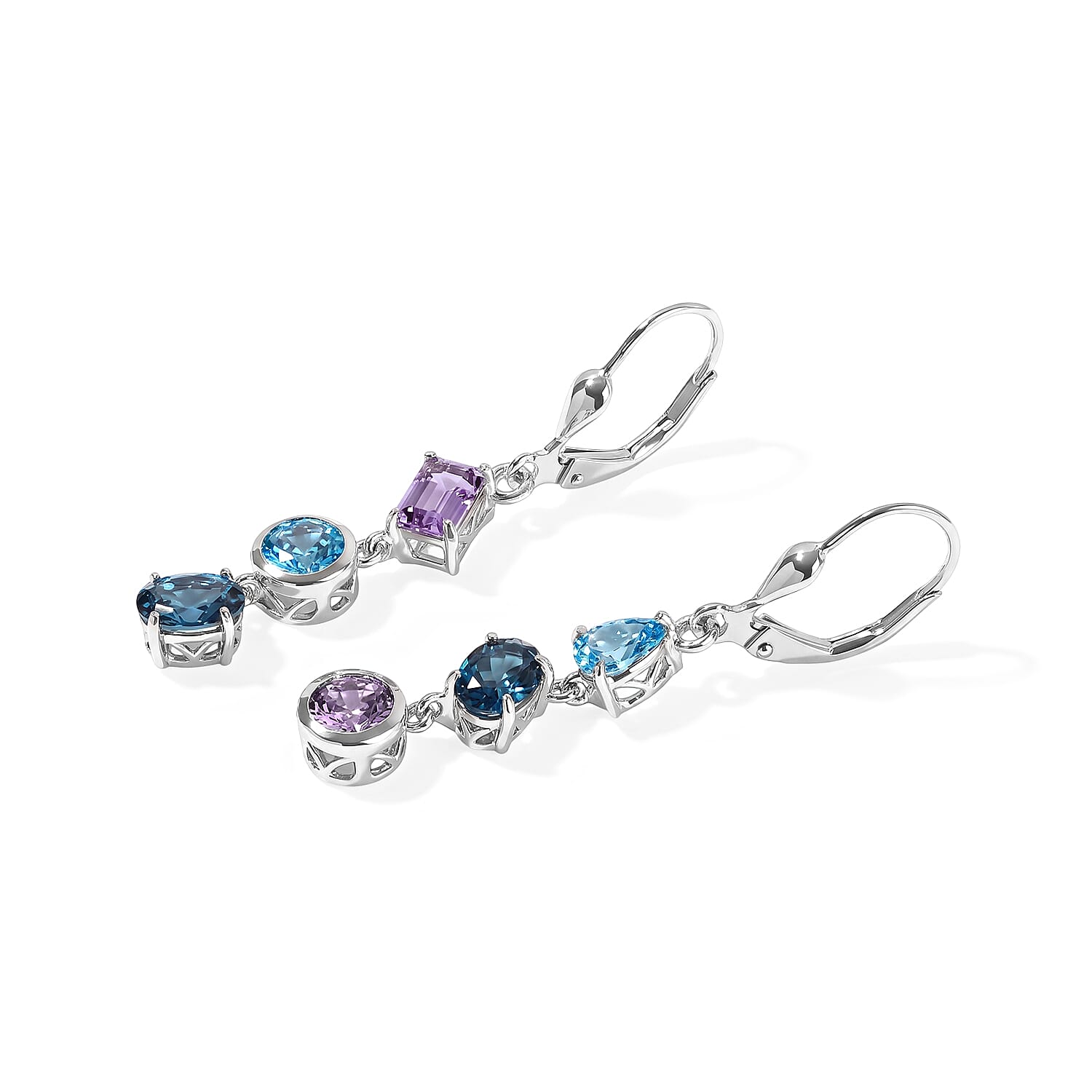 D'Joy Premium Rose De France Amethyst and Multi Gemstone 3.50 ctw Earrings in Rhodium Over Sterling Silver