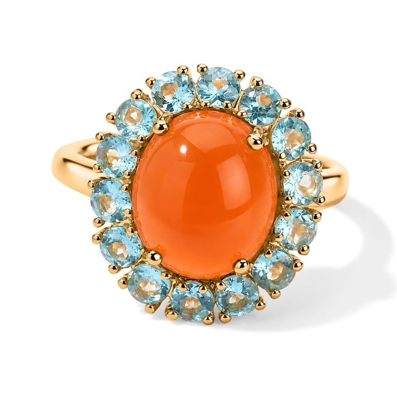 D'Joy Carnelian and Blue Apatite 6.35 ctw Sunset Halo Ring in 18K Vermeil Yellow Gold Over Sterling Silver (Size 6.0)
