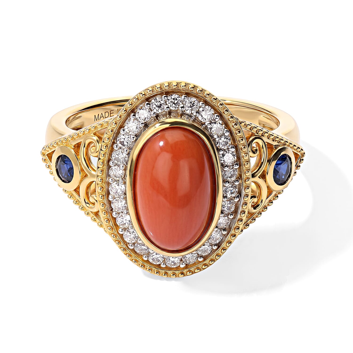 D'Joy Mediterranean Coral and Multi Gemstone 2.50 ctw Nouveau Ring in 18K Vermeil Yellow Gold Over Sterling Silver (Size 5.0)