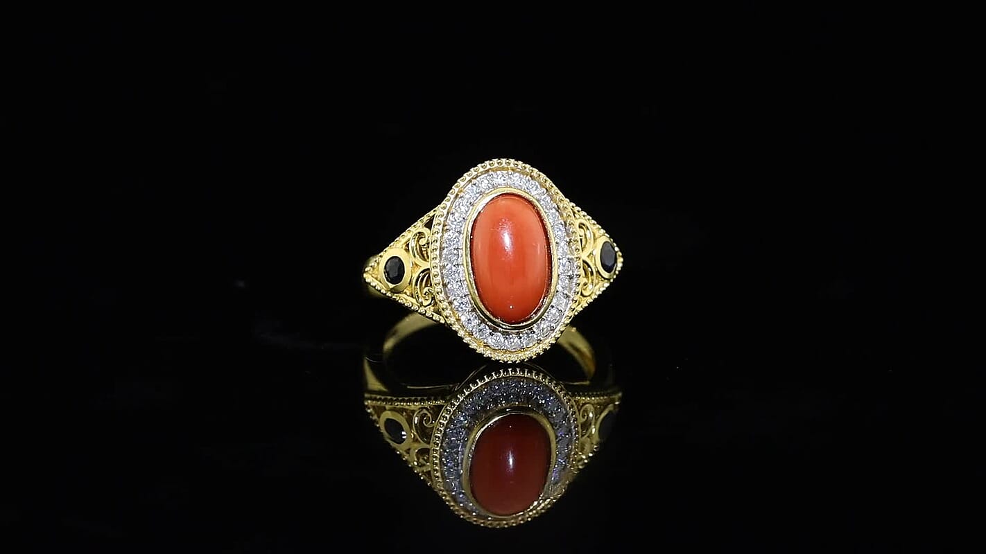 D''Joy Mediterranean Coral , Blue Sapphire , Moissanite Main Stone With Surrounding Stone Ring in 18K YG VermeilSterling Silver 2.58 ctw