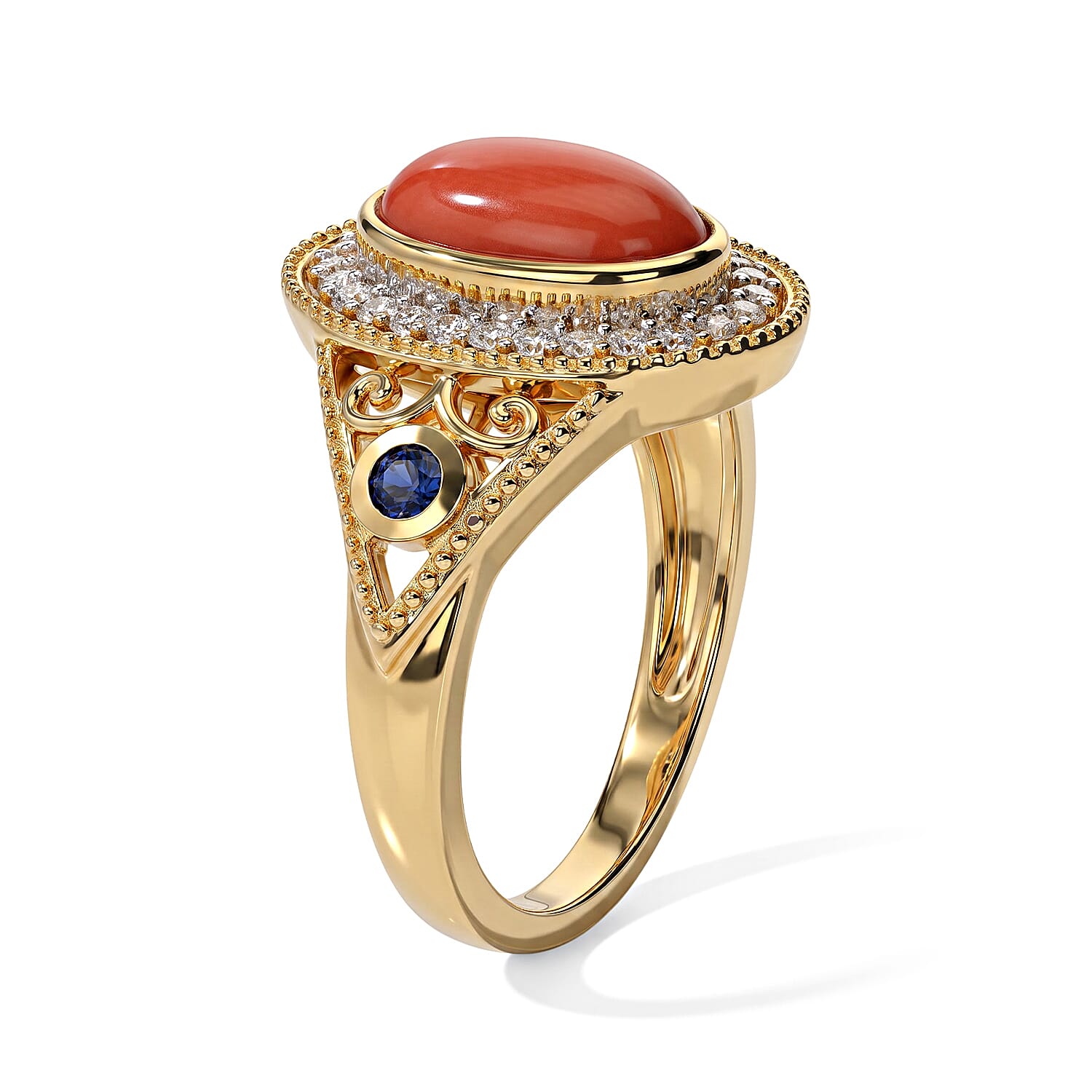 D'Joy Mediterranean Coral and Multi Gemstone 2.50 ctw Nouveau Ring in 18K Vermeil Yellow Gold Over Sterling Silver (Size 5.0)