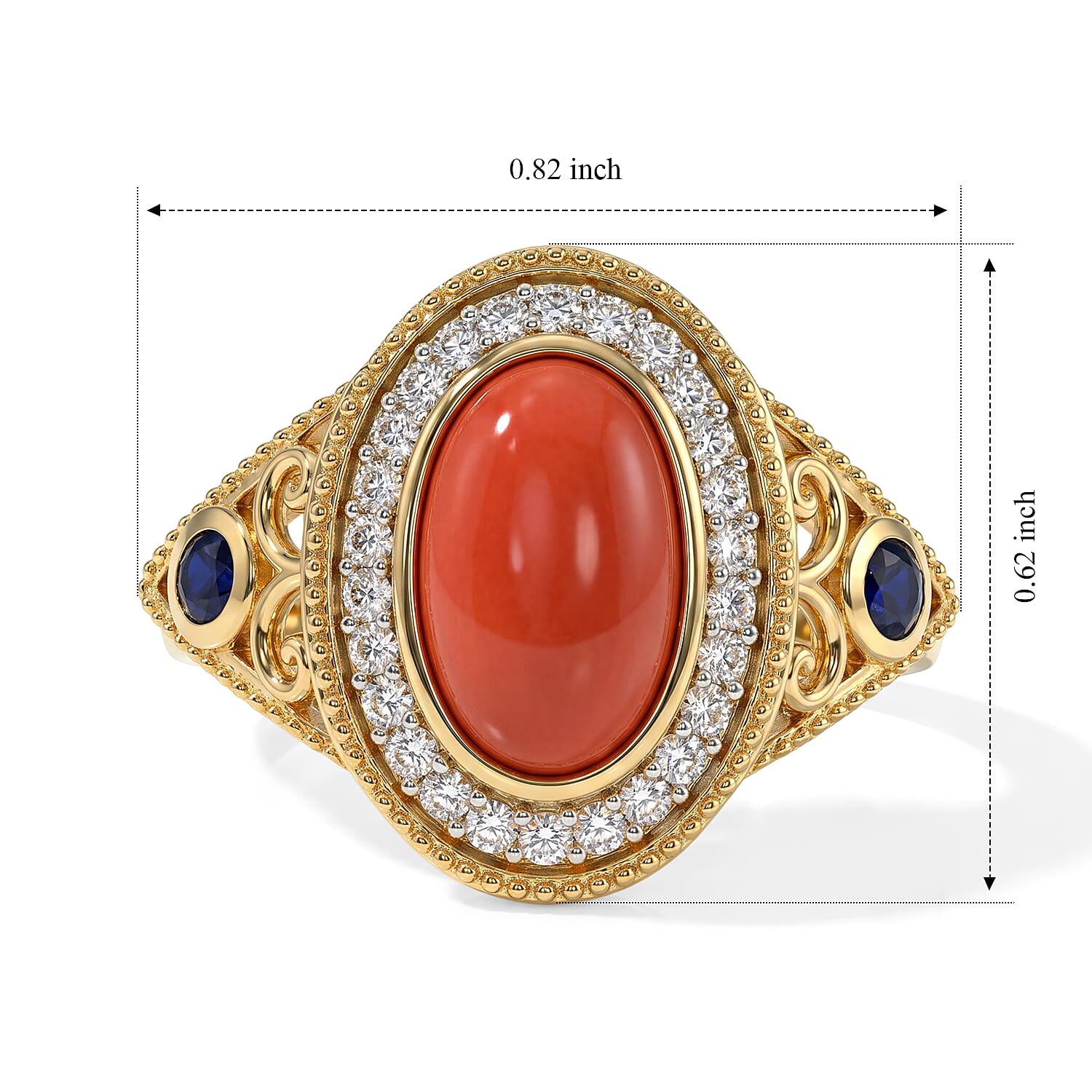 D'Joy Mediterranean Coral and Multi Gemstone 2.50 ctw Nouveau Ring in 18K Vermeil Yellow Gold Over Sterling Silver (Size 5.0)