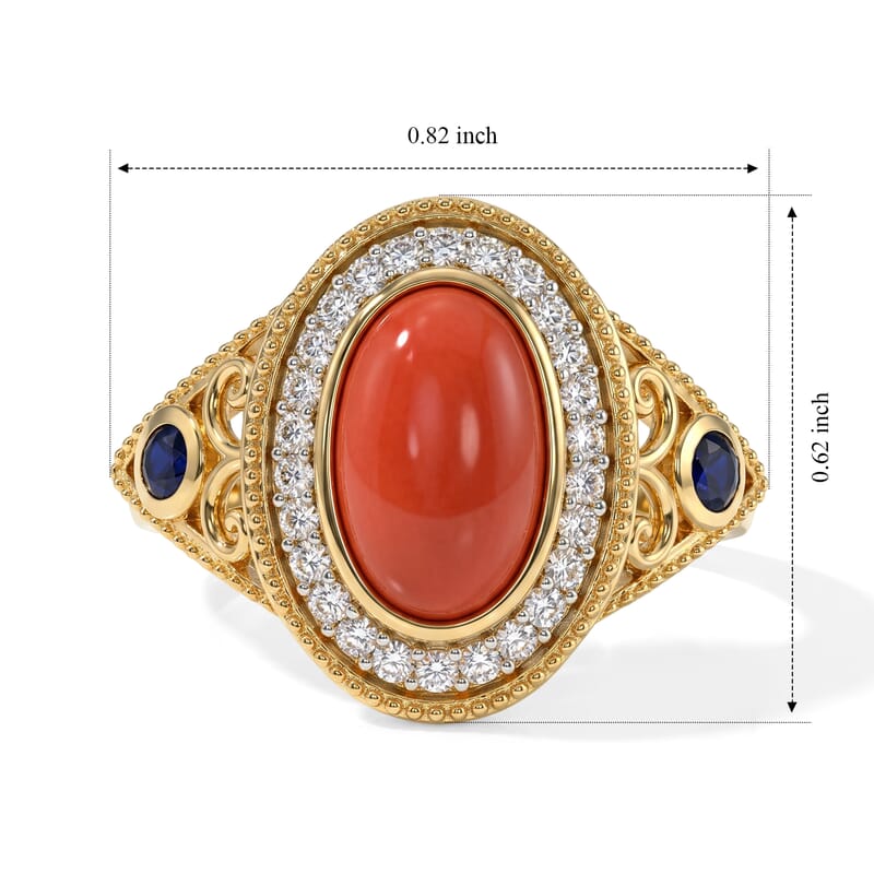 D'Joy Mediterranean Coral and Multi Gemstone 2.50 ctw Nouveau Ring in 18K Vermeil Yellow Gold Over Sterling Silver (Size 5.0)