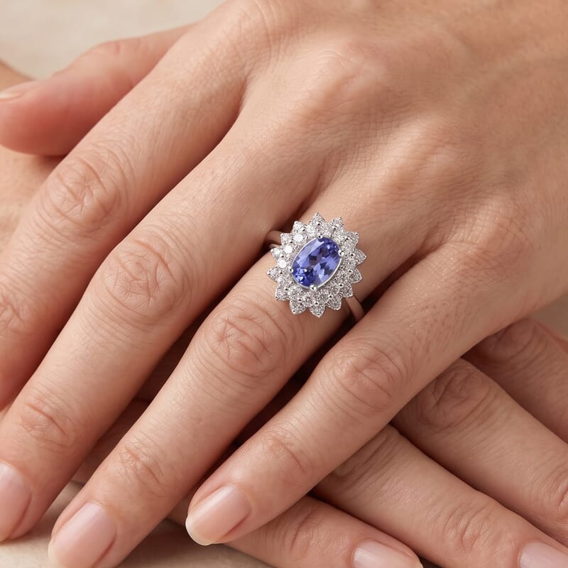 Certified and Appraised D'Joy Premium Tanzanite and Moissanite 1.30 ctw Ring in Rhodium Over Sterling Silver (Size 6.0)