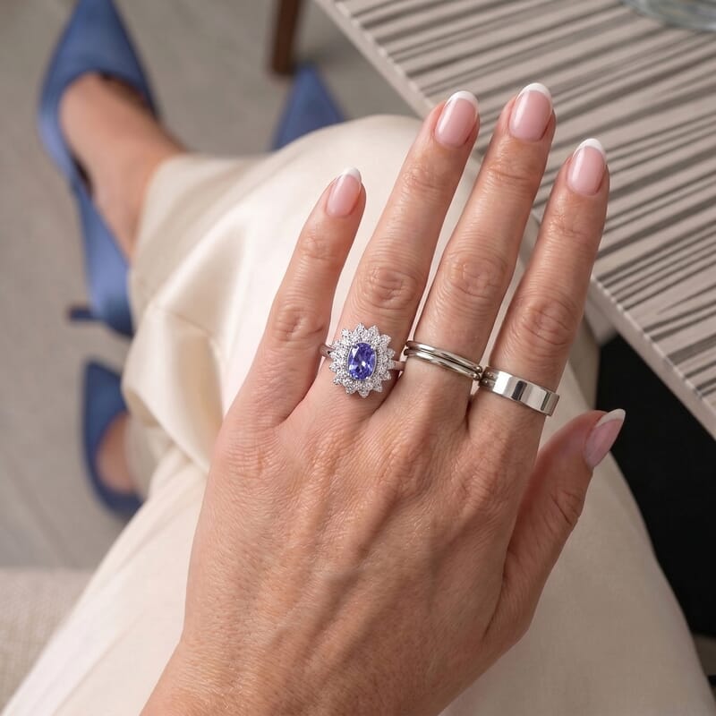 Certified and Appraised D'Joy Premium Tanzanite and Moissanite 1.30 ctw Ring in Rhodium Over Sterling Silver (Size 7.0)