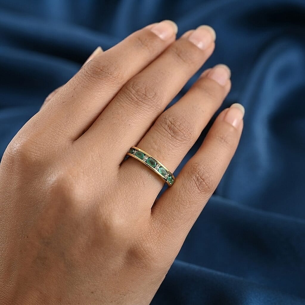 D'Joy Kagem Zambian Emerald and Paraiba Tourmaline 0.85 ctw Ring in 18K Vermeil Yellow Gold Over Sterling Silver (Size 6.0)