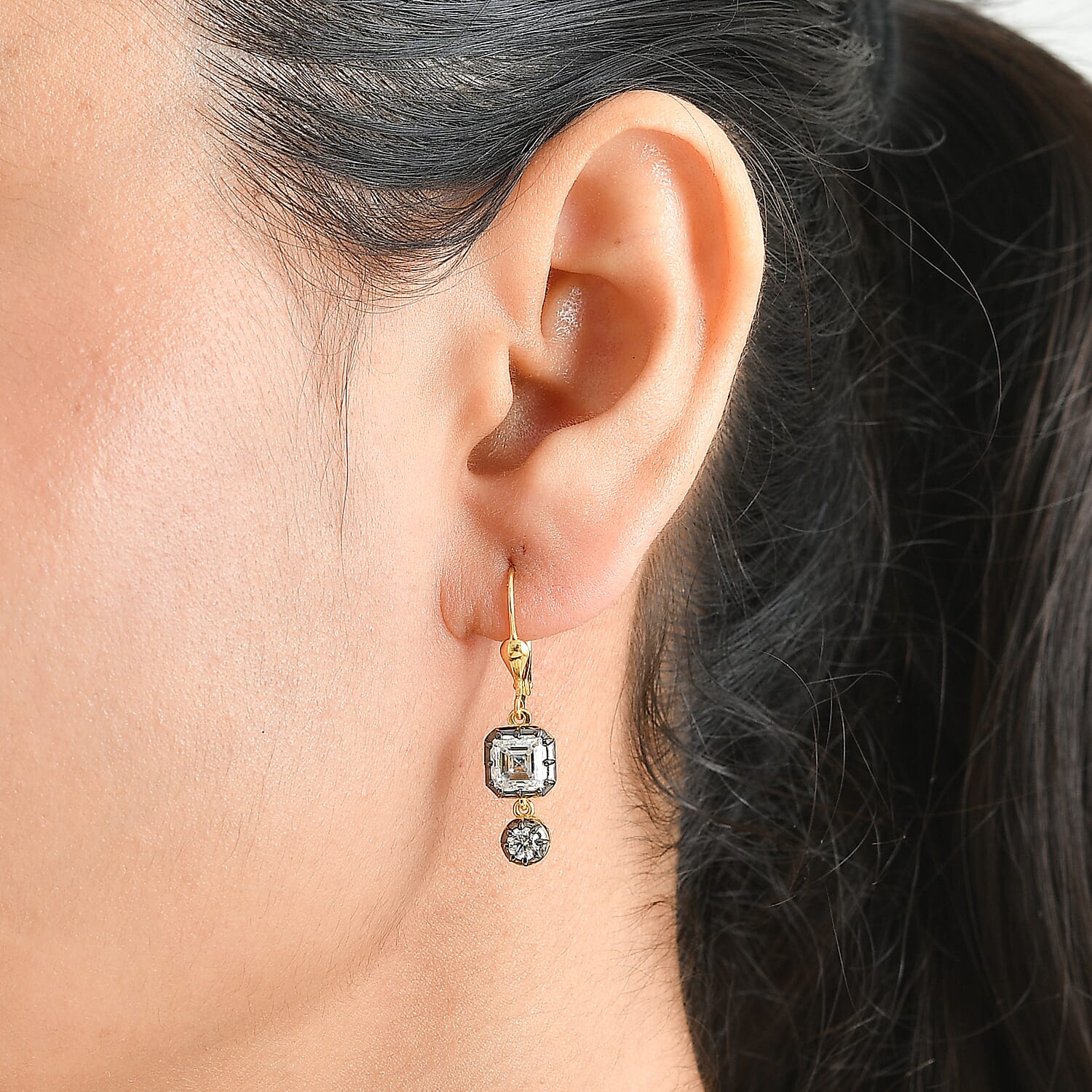 D'Joy Asscher Cut Moissanite 2.75 ctw Earrings in Black E-coat and 18K Vermeil Yellow Gold Over Sterling Silver