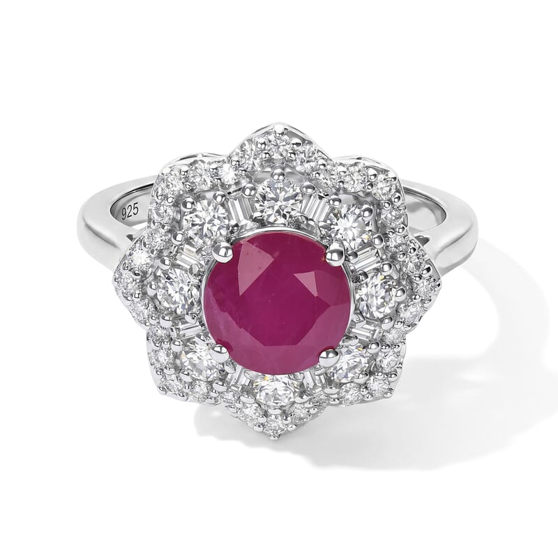 Certified and Appraised D'Joy Premium Royal Ruby and Moissanite 2.60 ctw Ring in Rhodium Over Sterling Silver (Size 10.0)