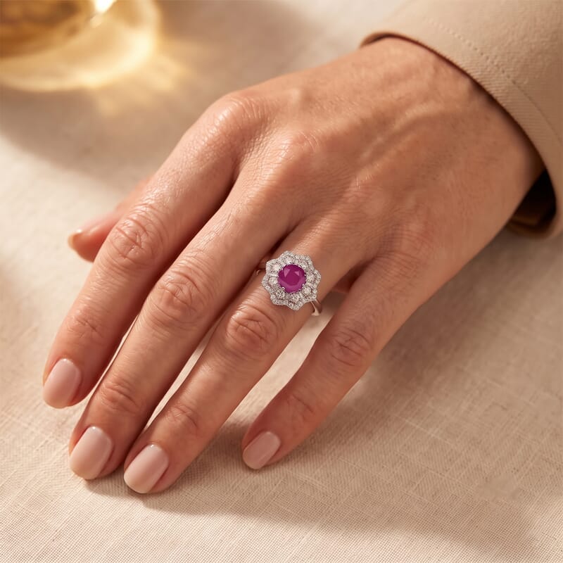Certified and Appraised D'Joy Premium Royal Ruby and Moissanite 2.60 ctw Ring in Rhodium Over Sterling Silver (Size 10.0)