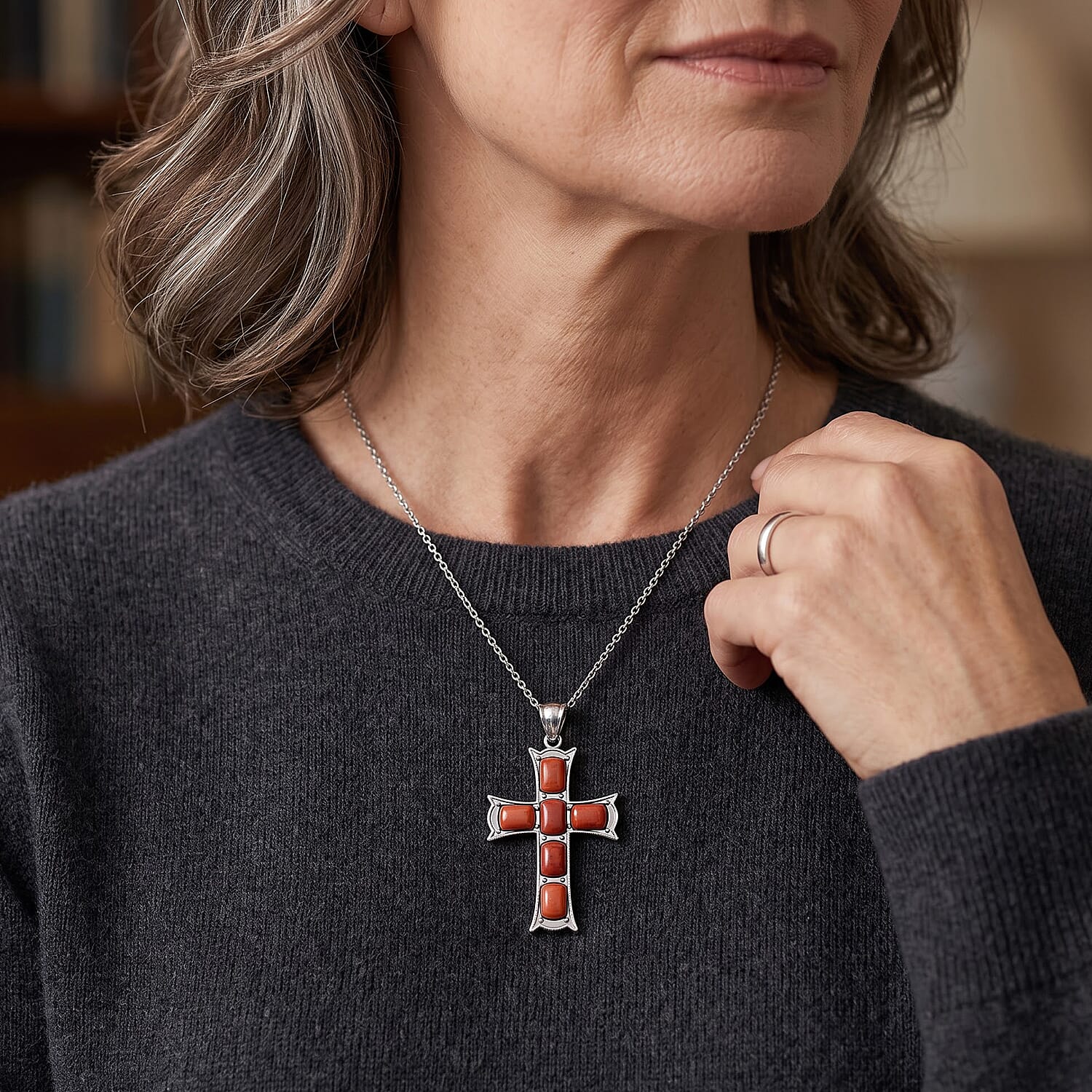 Red Jasper 28.00 ctw Taper Point Cross Pendant in Silvertone