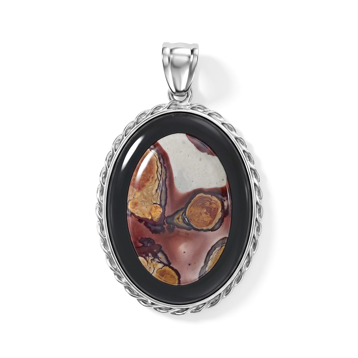Flower Picture Jasper and Blackstone 50.50 ctw Pendant in Silvertone