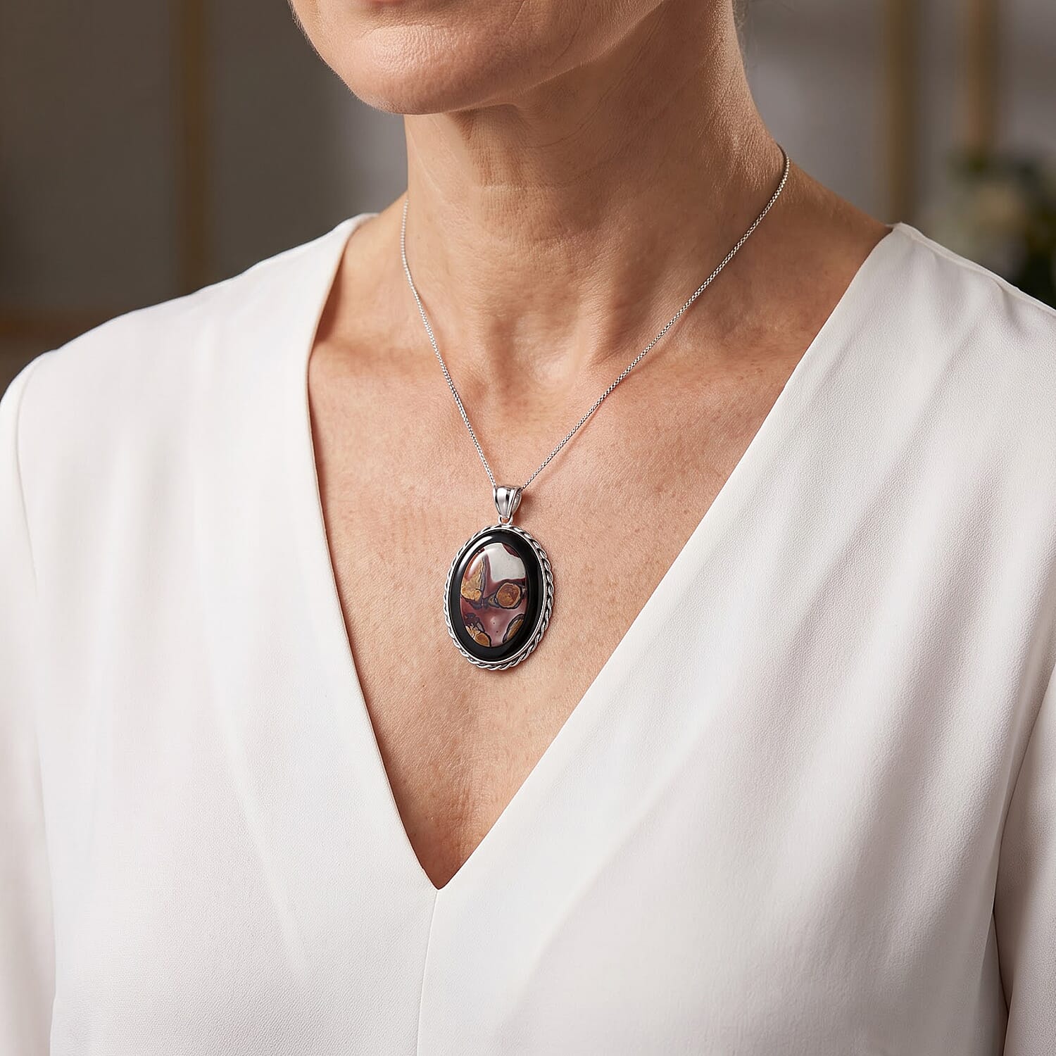 Flower Picture Jasper and Blackstone 50.50 ctw Pendant in Silvertone
