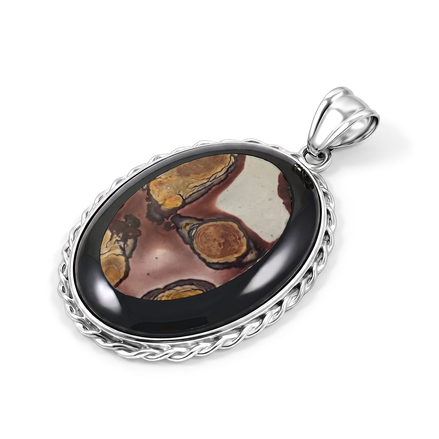 Flower Picture Jasper and Blackstone 50.50 ctw Pendant in Silvertone