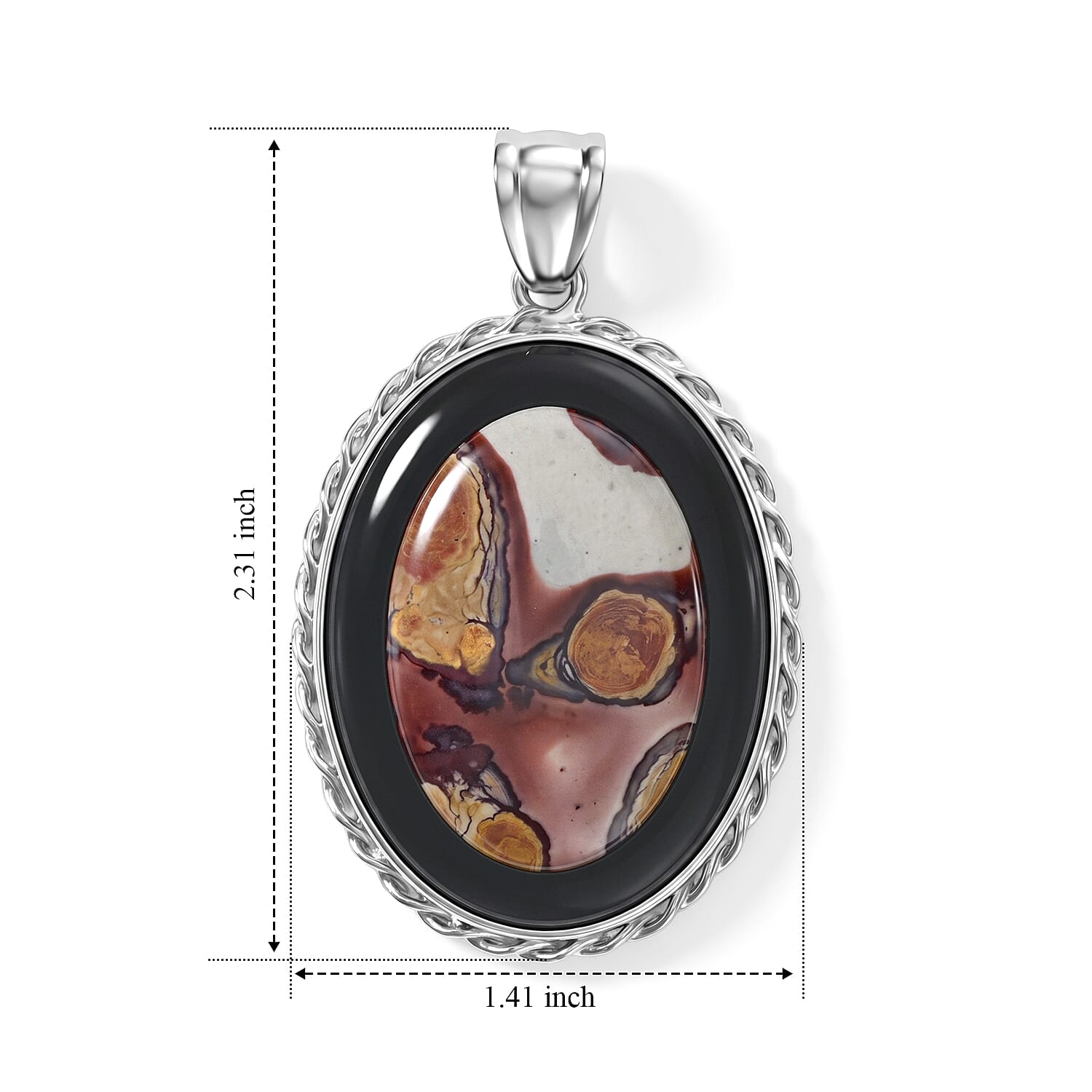 Flower Picture Jasper and Blackstone 50.50 ctw Pendant in Silvertone