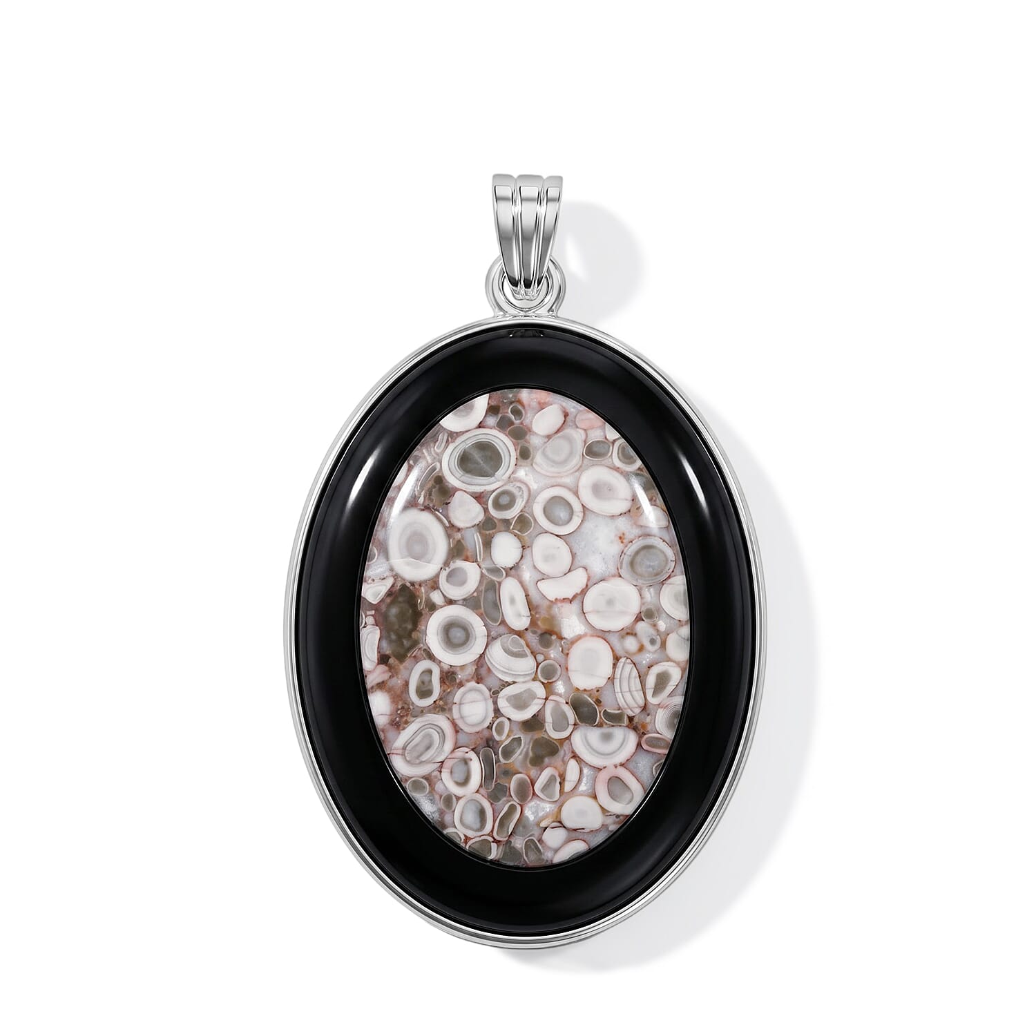 Ocean Fossil Jasper and Blackstone 50.50 ctw Pendant in Silvertone