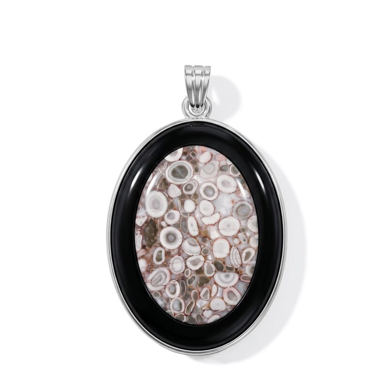Ocean Fossil Jasper and Blackstone 50.50 ctw Pendant in Silvertone