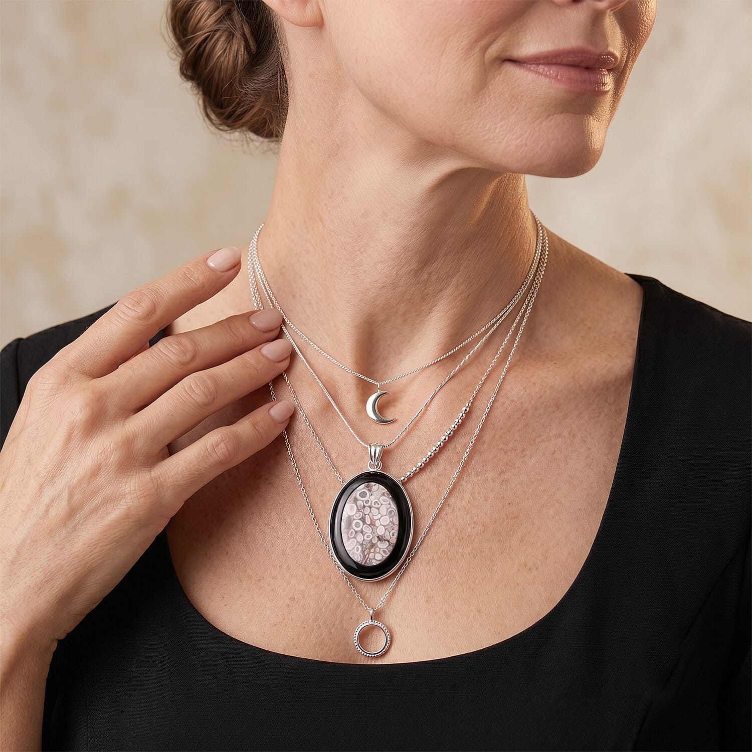 Ocean Fossil Jasper and Blackstone 50.50 ctw Pendant in Silvertone