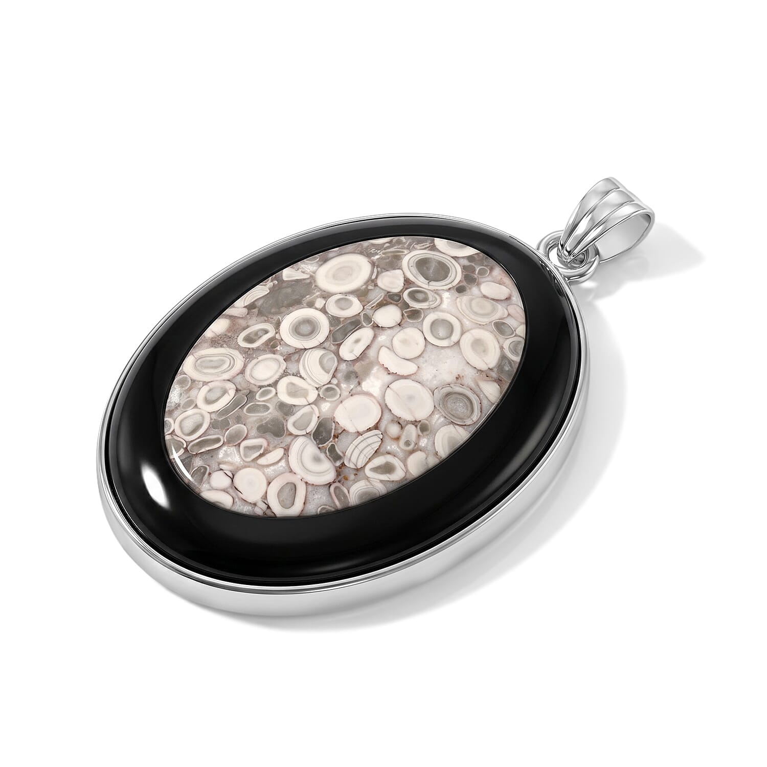 Ocean Fossil Jasper and Blackstone 50.50 ctw Pendant in Silvertone