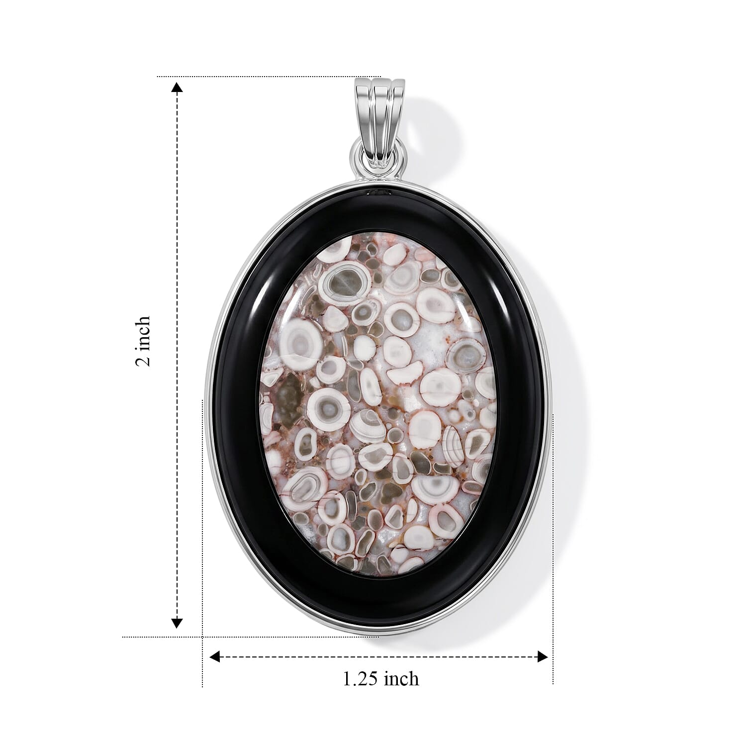 Ocean Fossil Jasper and Blackstone 50.50 ctw Pendant in Silvertone
