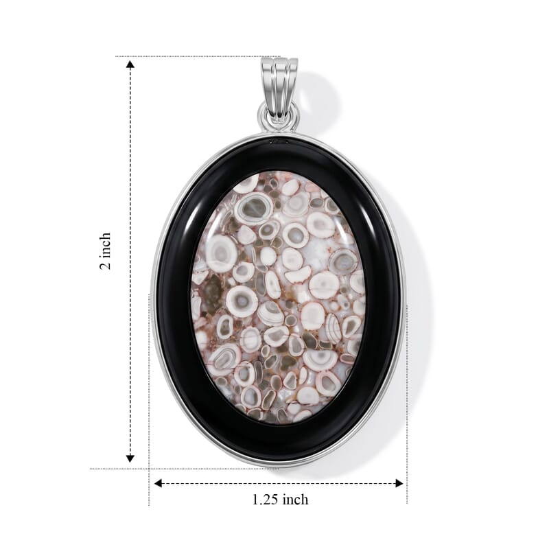 Ocean Fossil Jasper and Blackstone 50.50 ctw Pendant in Silvertone
