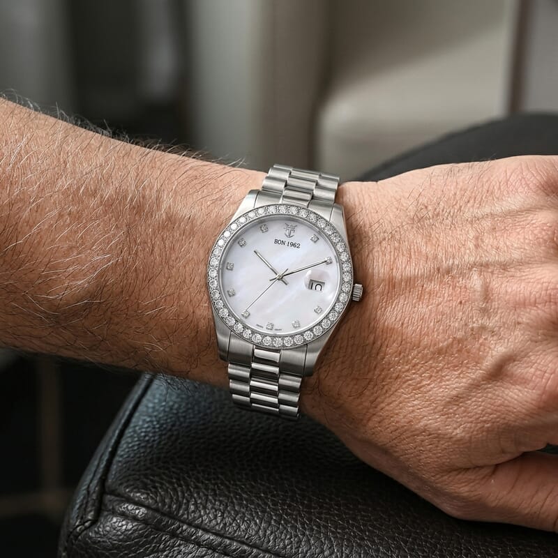 EON 1962 Lab Grown Diamond SI 2.70 ctw Ronda 515 with Date Swiss Movement Watch in Stainless Steel