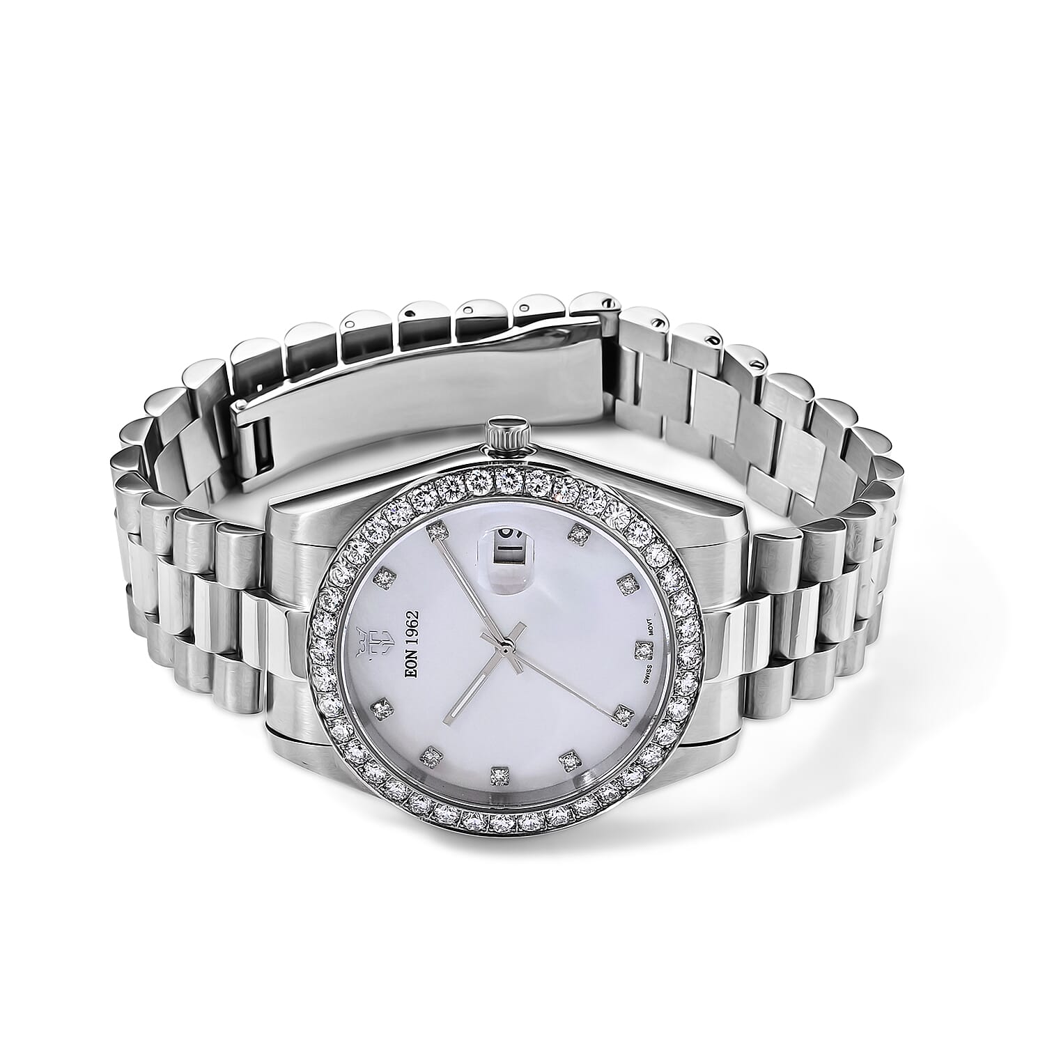 EON 1962 Lab Grown Diamond SI 2.70 ctw Ronda 515 with Date Swiss Movement Watch in Stainless Steel