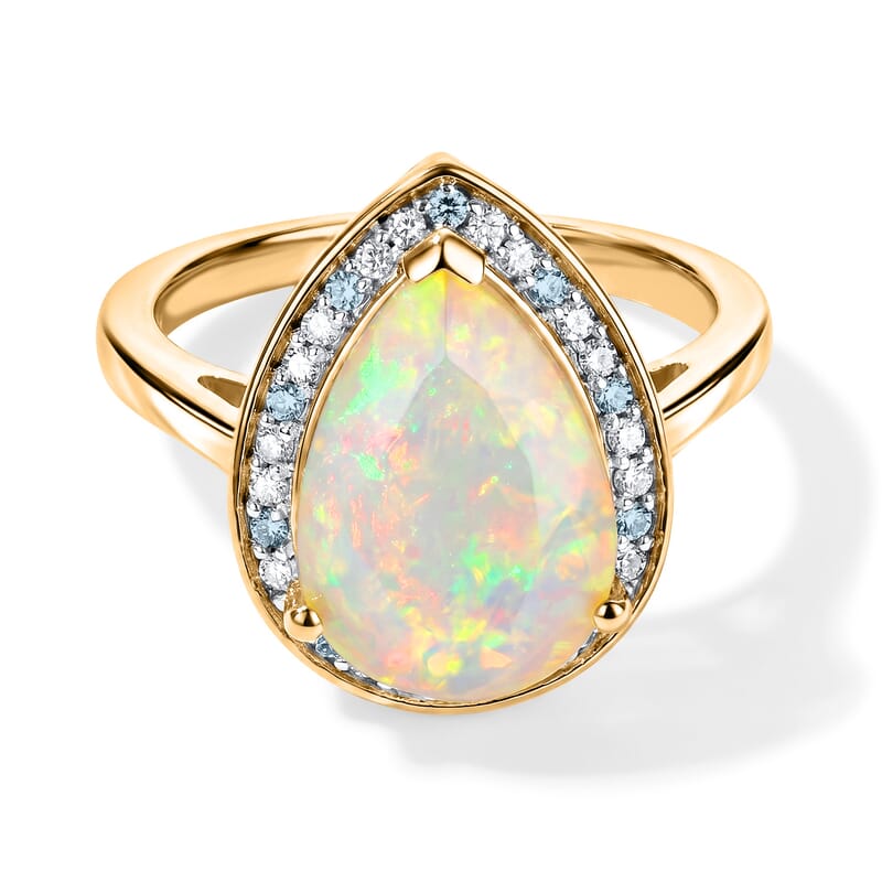 D'Joy Premium Ethiopian Welo Opal, Moissanite and Paraiba Tourmaline 2.25 ctw Blue Light Halo Ring in 18K Vermeil Yellow Gold Over Sterling Silver (Size 6.0)