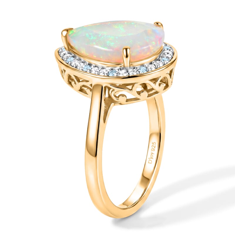 D'Joy Premium Ethiopian Welo Opal, Moissanite and Paraiba Tourmaline 2.25 ctw Blue Light Halo Ring in 18K Vermeil Yellow Gold Over Sterling Silver (Size 6.0)