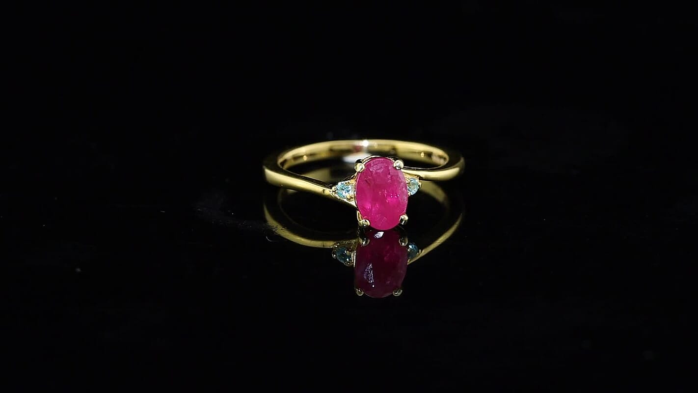 D''Joy Premium Mozambique Rubyn and Paraiba Tourmaline 1.10 ctw Ring in 18K Vermeil Yellow Gold Over Sterling Silver (Size 6.0)