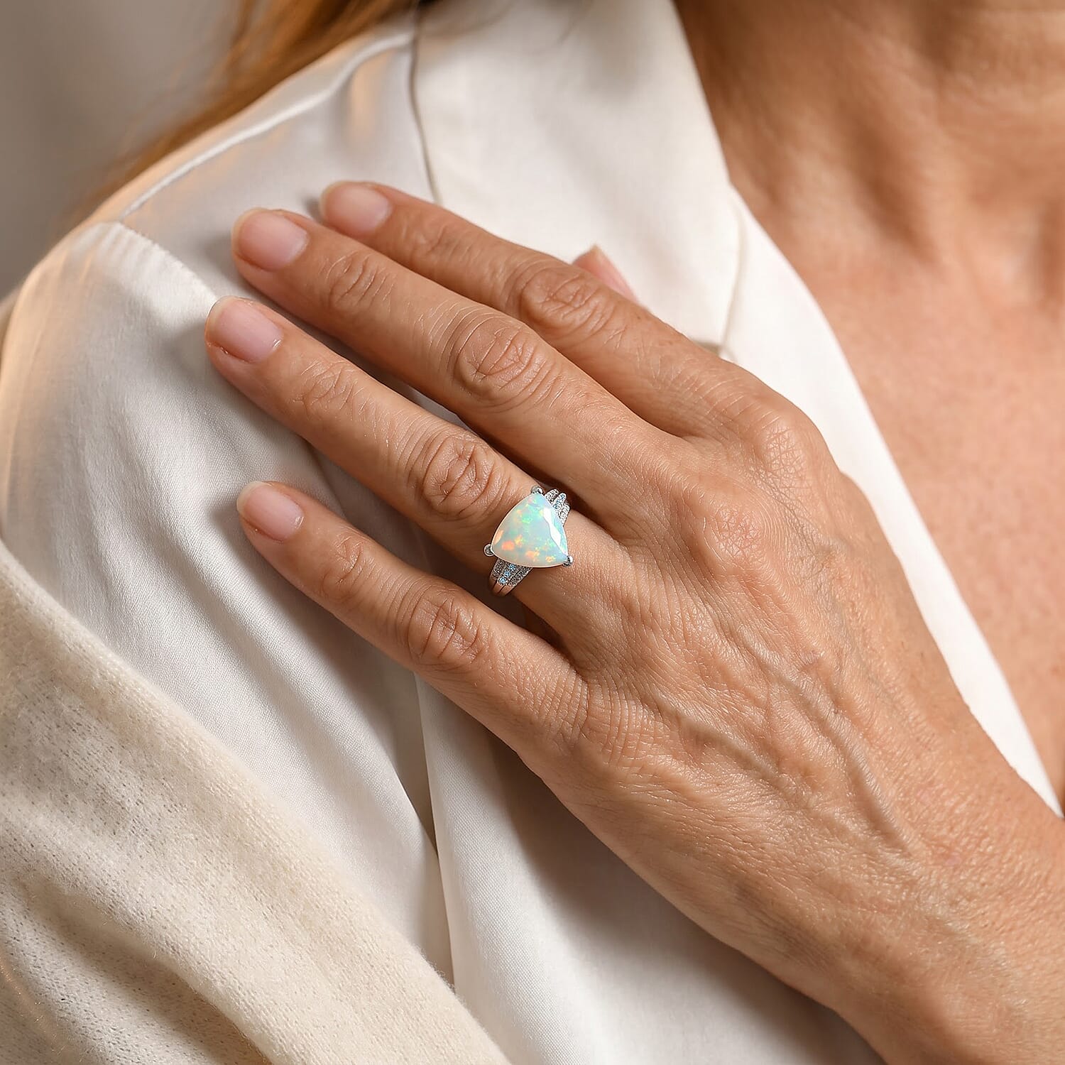 D'Joy Premium Ethiopian Welo Opal and Multi Gemstone 3.60 ctw Blue Radiance Ring in Rhodium Over Sterling Silver (Size 6.0)