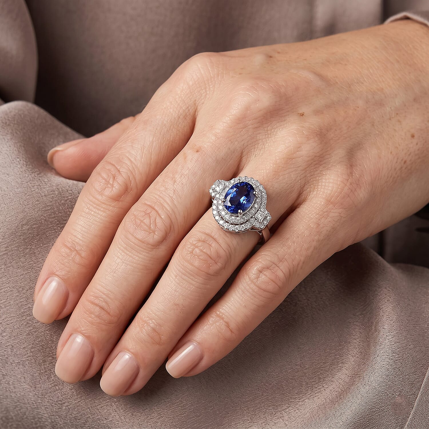 Certified and Appraised D'Joy Premium Tanzanite and Moissanite 2.20 ctw Ring in Rhodium Over Sterling Silver (Size 6.0)