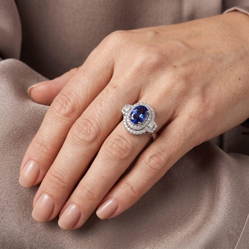 Certified and Appraised D'Joy Premium Tanzanite and Moissanite 2.20 ctw Ring in Rhodium Over Sterling Silver (Size 6.0)
