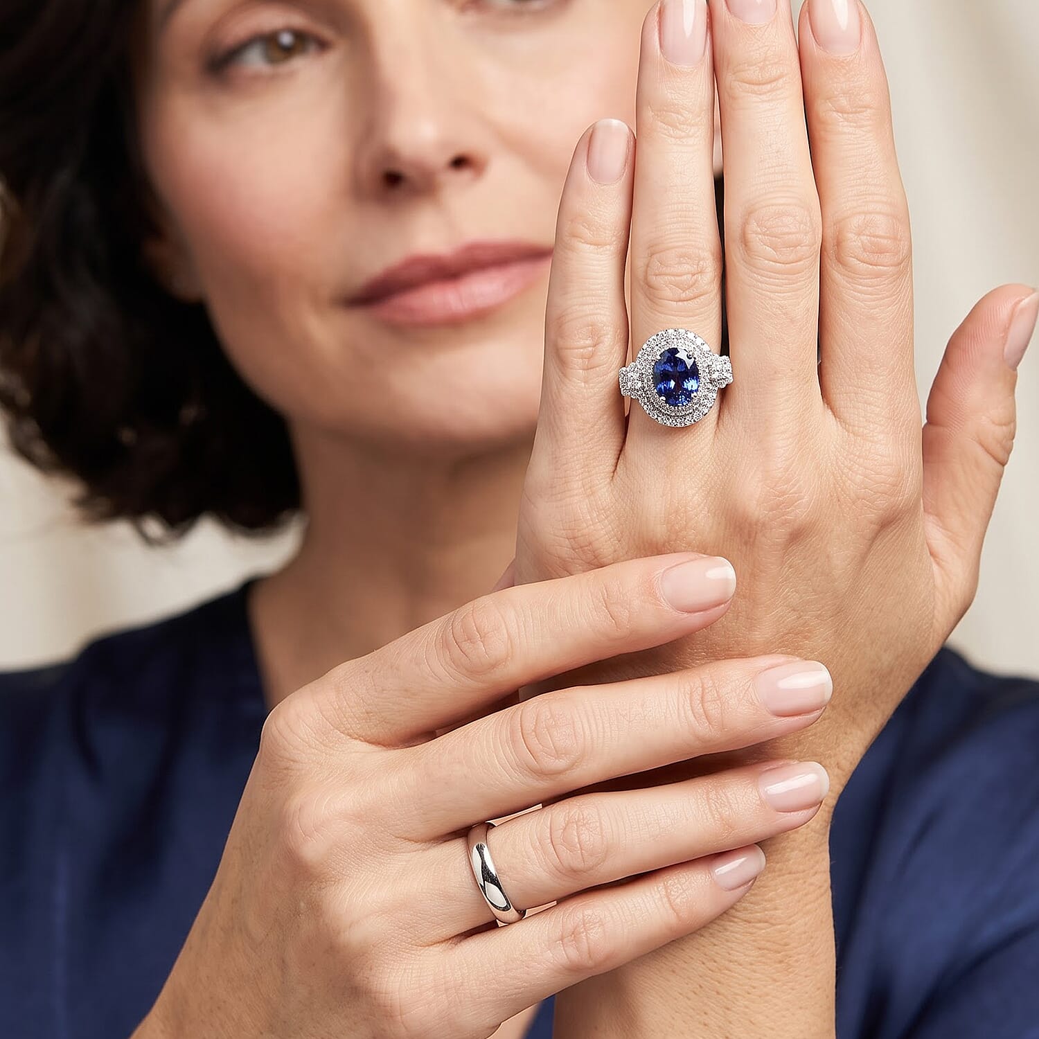 Certified and Appraised D'Joy Premium Tanzanite and Moissanite 2.20 ctw Ring in Rhodium Over Sterling Silver (Size 6.0)