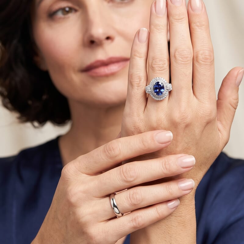 Certified and Appraised D'Joy Premium Tanzanite and Moissanite 2.20 ctw Ring in Rhodium Over Sterling Silver (Size 6.0)