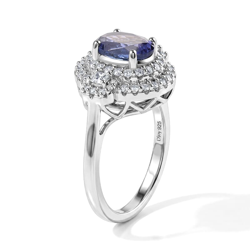 Certified and Appraised D'Joy Premium Tanzanite and Moissanite 2.20 ctw Ring in Rhodium Over Sterling Silver (Size 6.0)