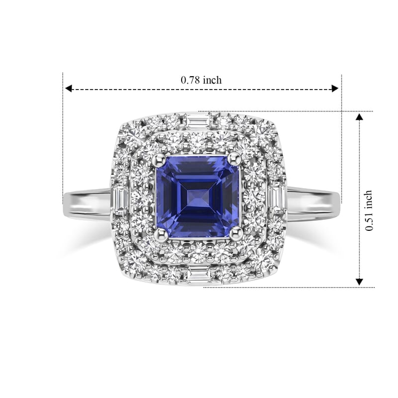 Certified and Appraised D'Joy Premium Asscher Cut Tanzanite, Moissanite Ring in Rhodium Over Sterling Silver (Size 5.0) 1.65 ctw